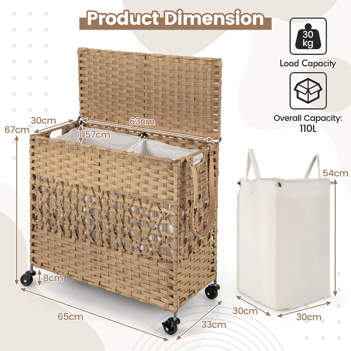 110L Collapsible Laundry Hamper Lid and Removable Liner Bag-Natural