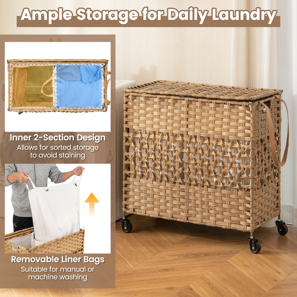 110L Collapsible Laundry Hamper Lid and Removable Liner Bag-Natural