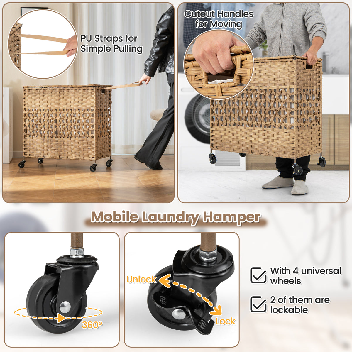 110L Collapsible Laundry Hamper Lid and Removable Liner Bag-Natural
