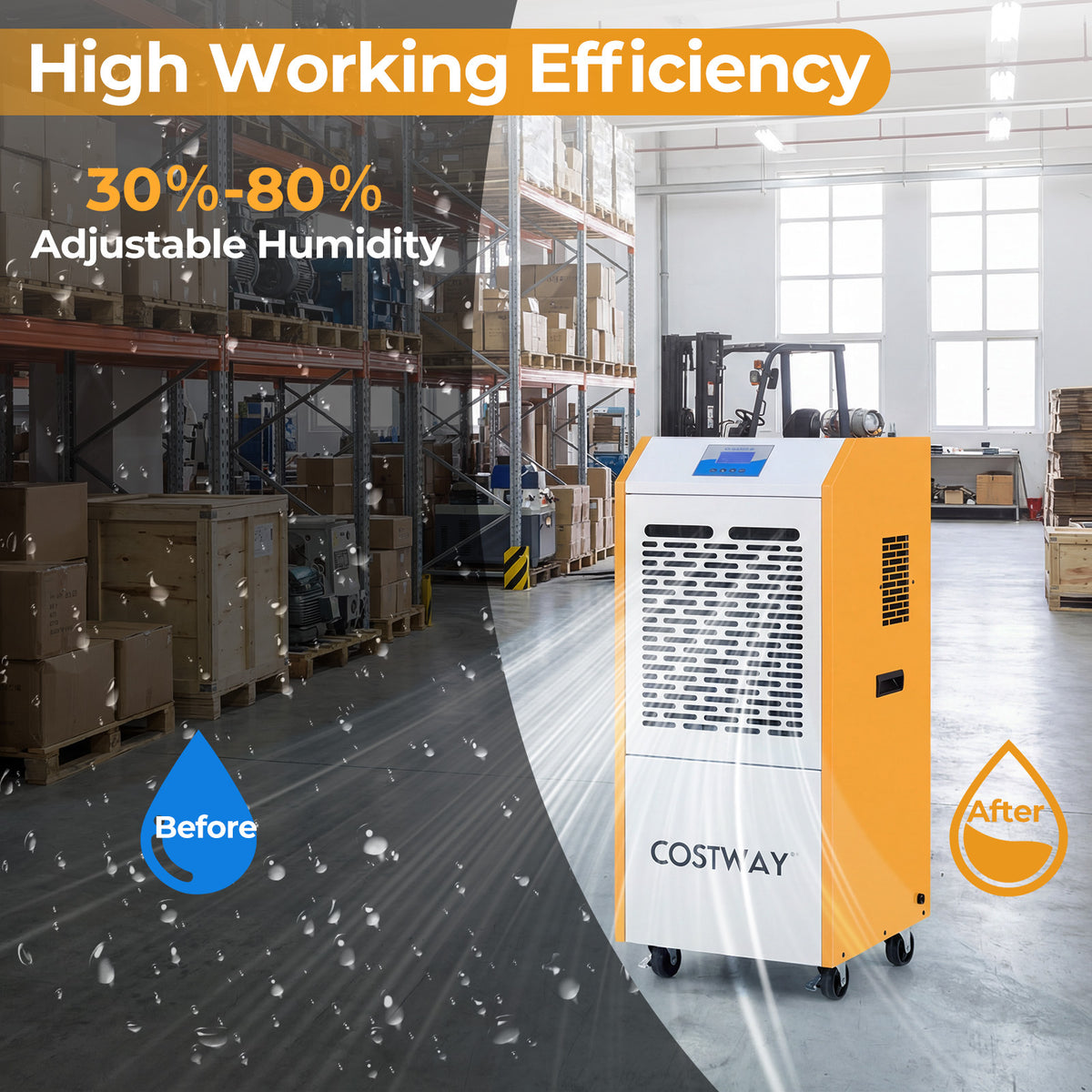 110L/Day Portable Commercial Dehumidifier with Pump Drain Hose-Yellow