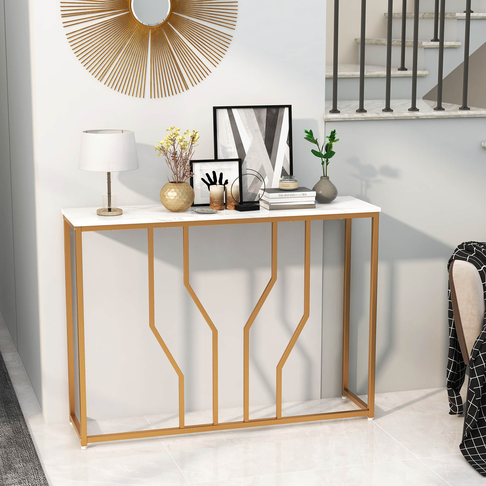 110 cm Gold Console Table Entryway Table with Faux Marble Tabletop-White &amp;amp; Golden