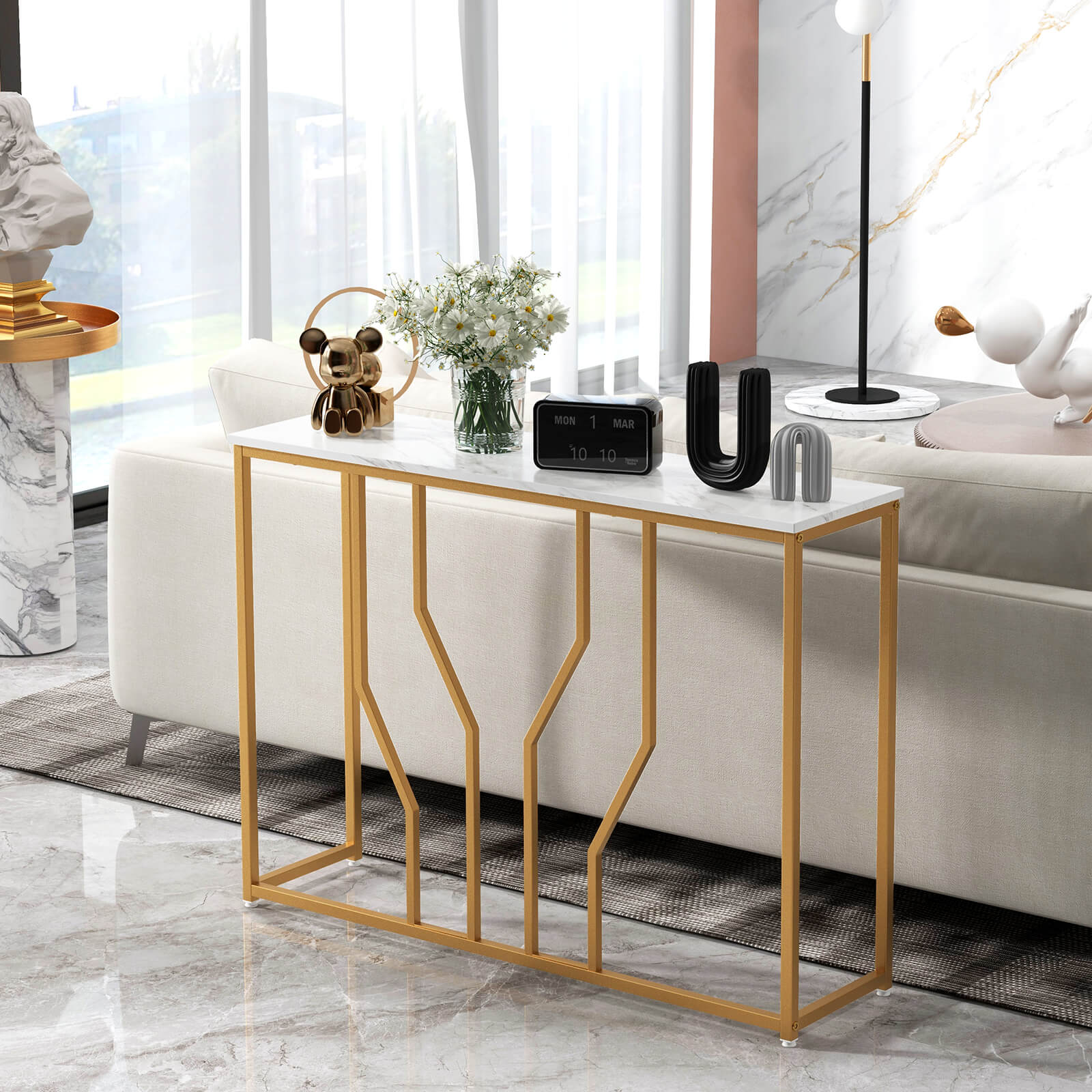 110 cm Gold Console Table Entryway Table with Faux Marble Tabletop-White &amp;amp; Golden