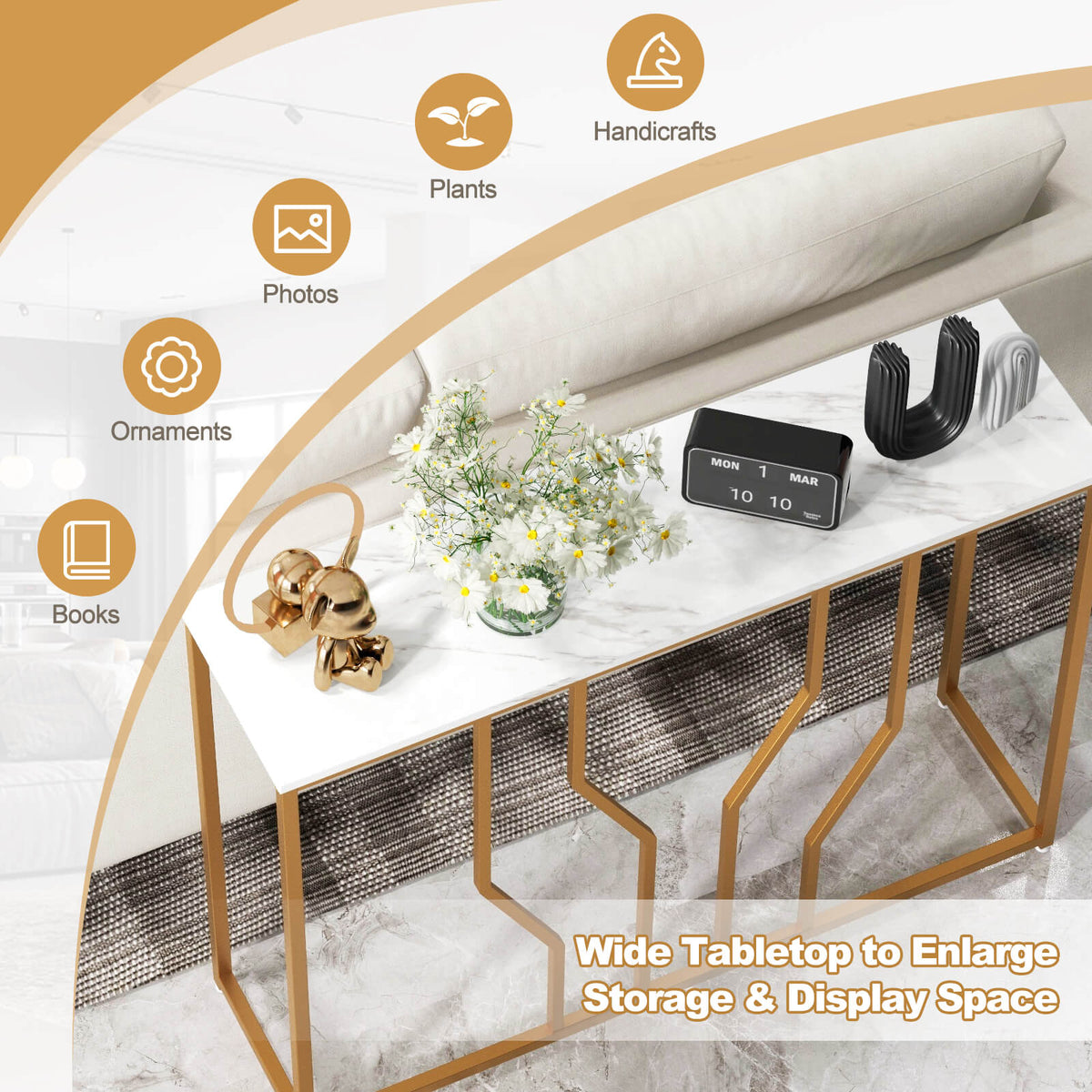 110 cm Gold Console Table Entryway Table with Faux Marble Tabletop-White & Golden