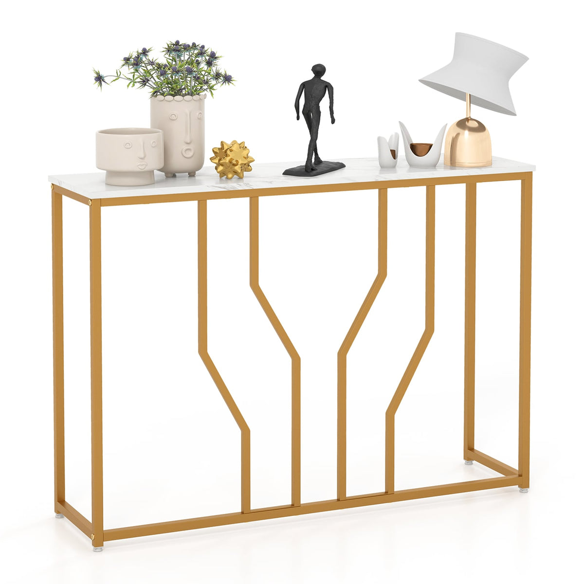 110 cm Gold Console Table Entryway Table with Faux Marble Tabletop-White & Golden