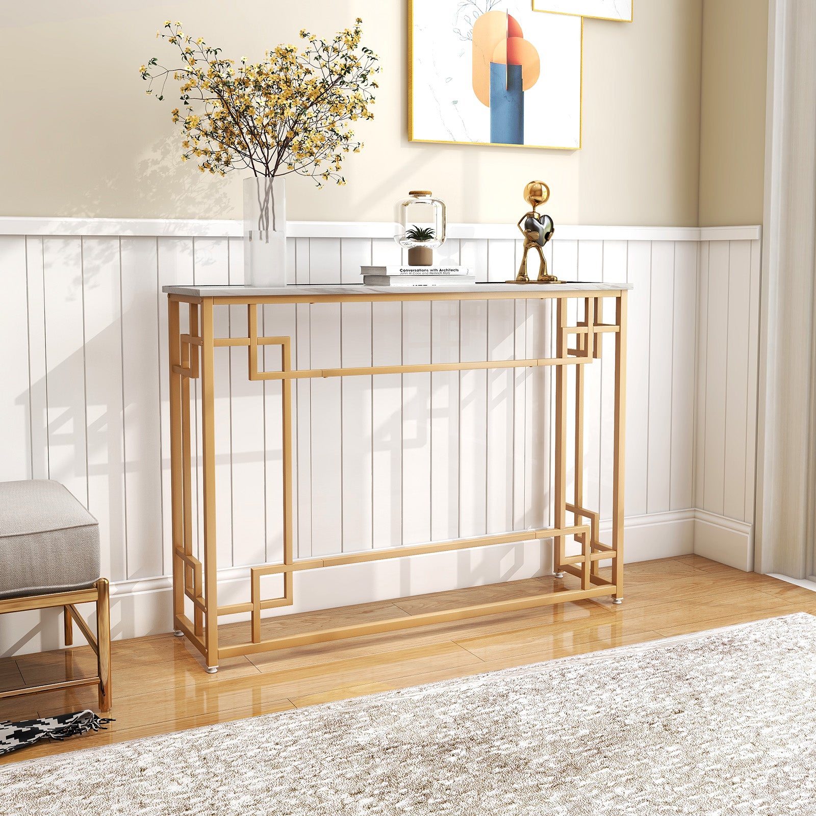 110 cm Console Table Narrow Entryway Table with Geometric Golden Frame-White & Golden
