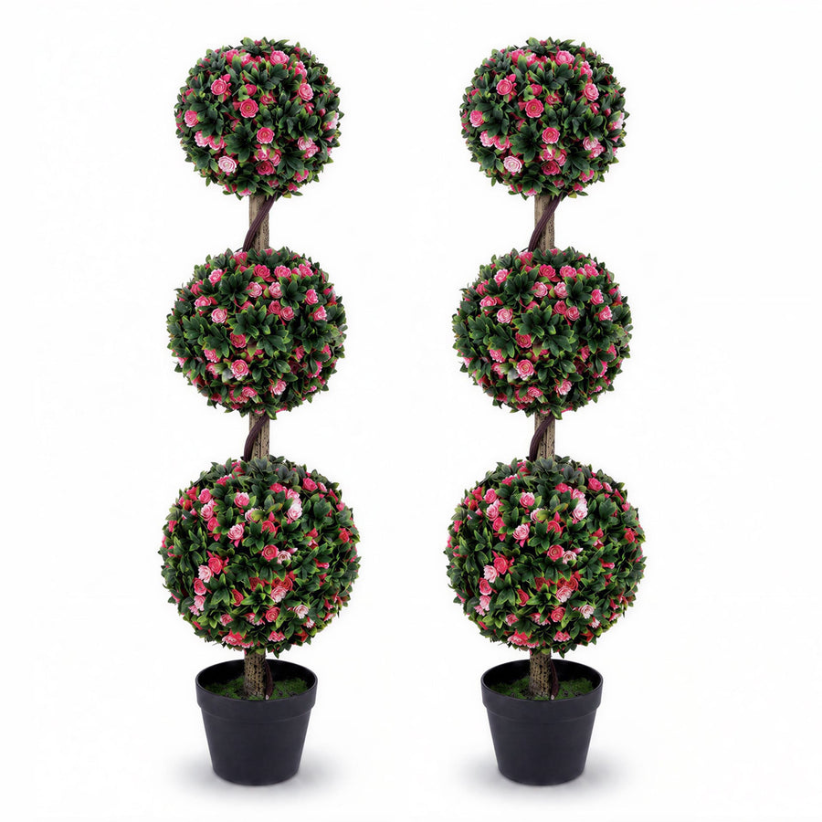 110cm Artificial Triple Ball Rose Topiary Tree with Lifelike Blooms and Green Leaves
