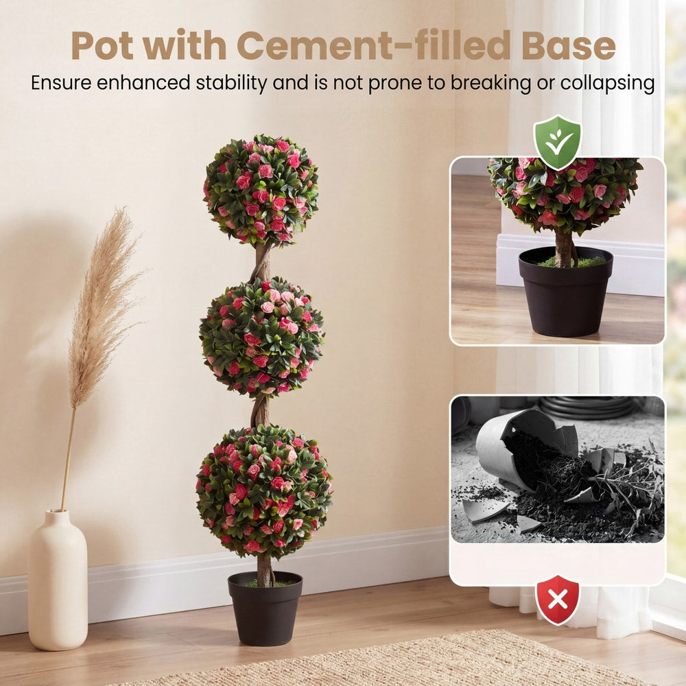 Artificial rose topiary tree showing its stable pot base