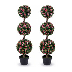 110cm Artificial Triple Ball Rose Topiary Tree with Lifelike Blooms and Green Leaves
