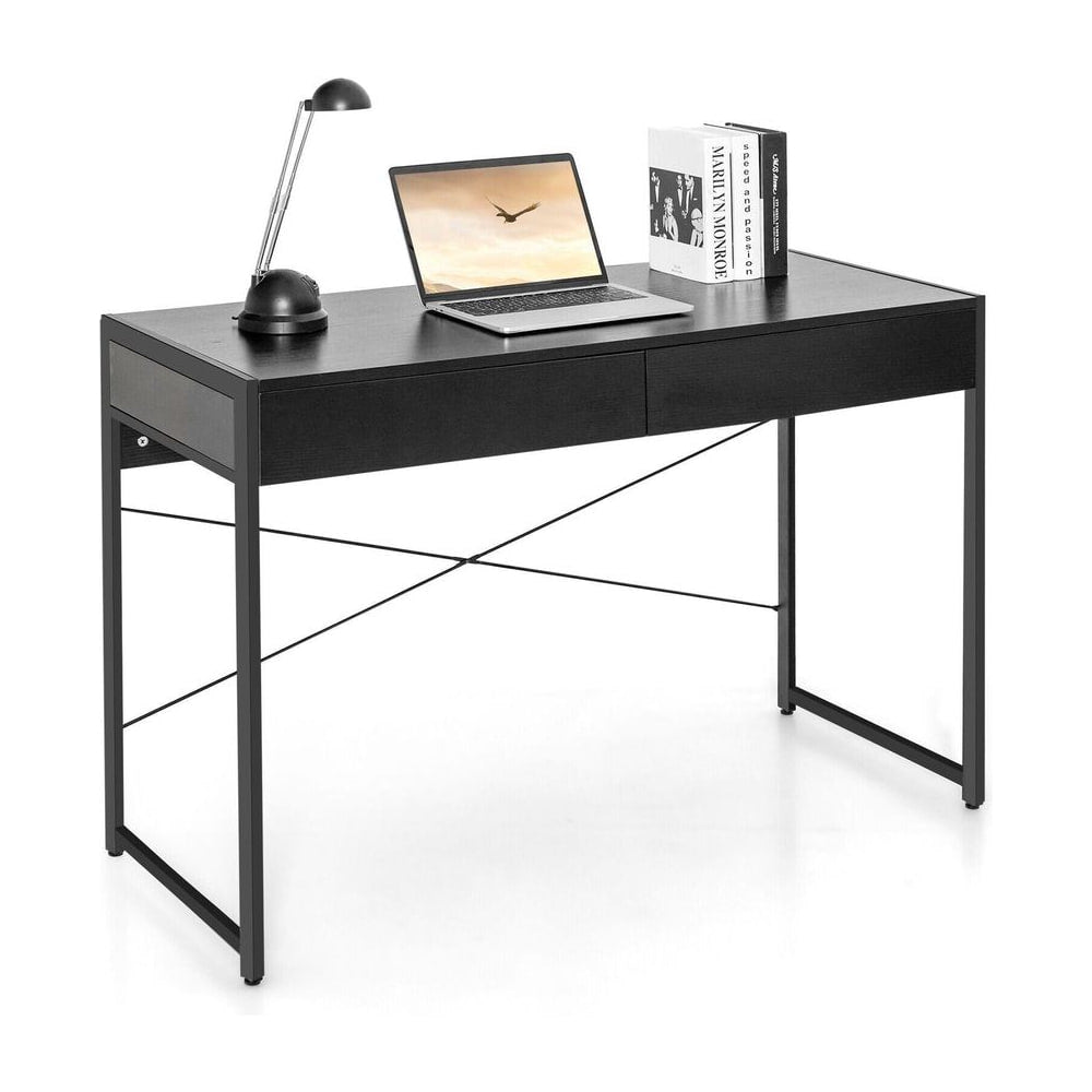 Wooden Study Computer Desk with 2 Drawers, a black desk with a laptop and lamp on top