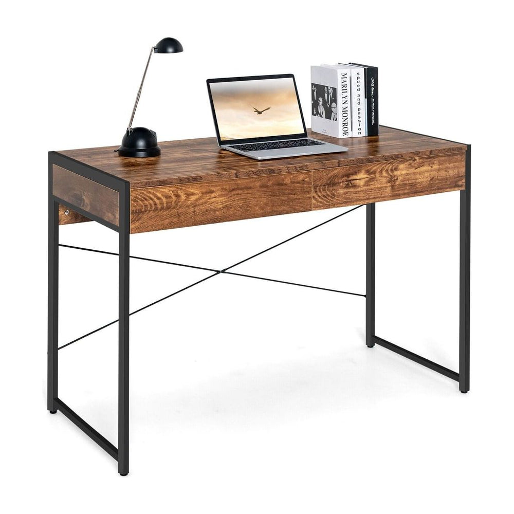 Wooden Study Computer Desk with 2 Drawers, a rustic brown wooden top and black metal legs