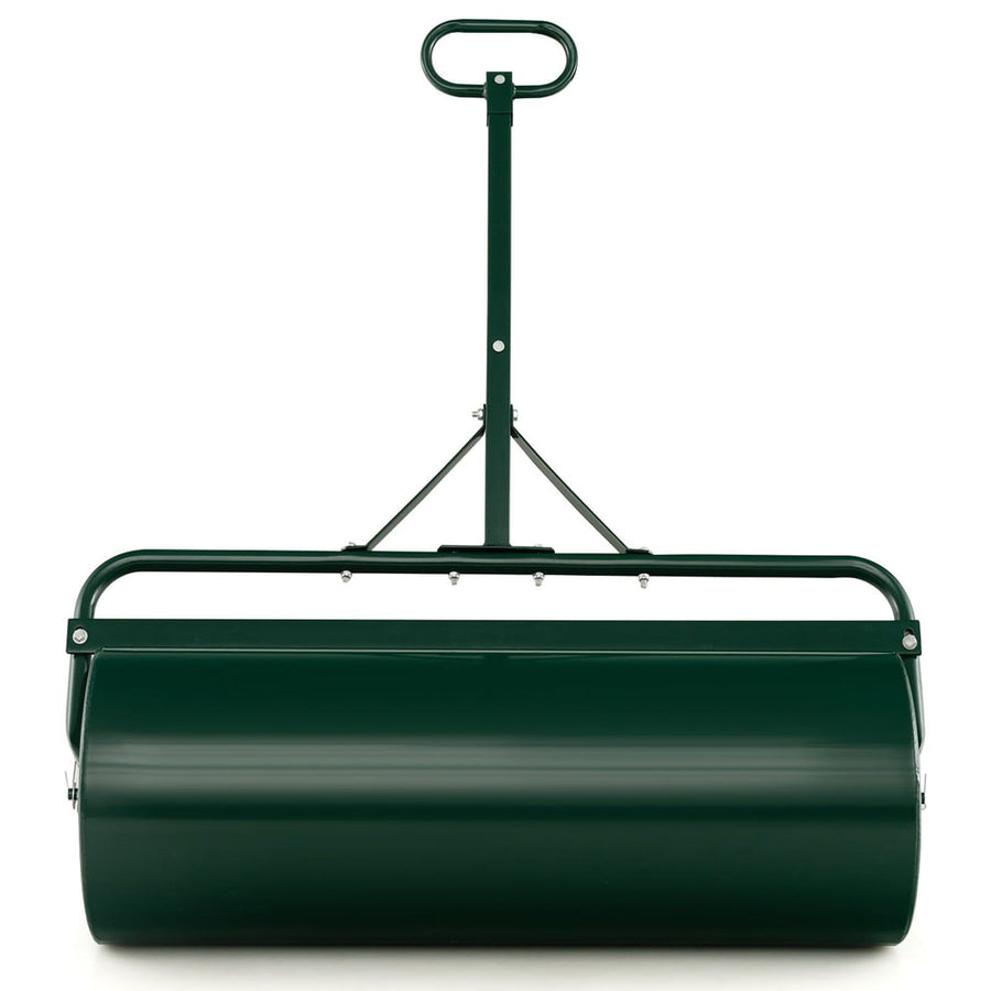 113L Metal Garden Lawn Roller-Green, a green metal lawn roller with a handle