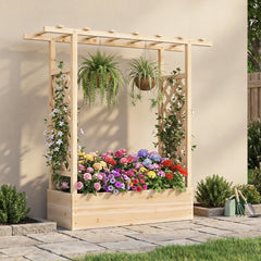 114cm Tall Wooden Raised Garden Bed with Side Trellis and Hanging Roof-Natural