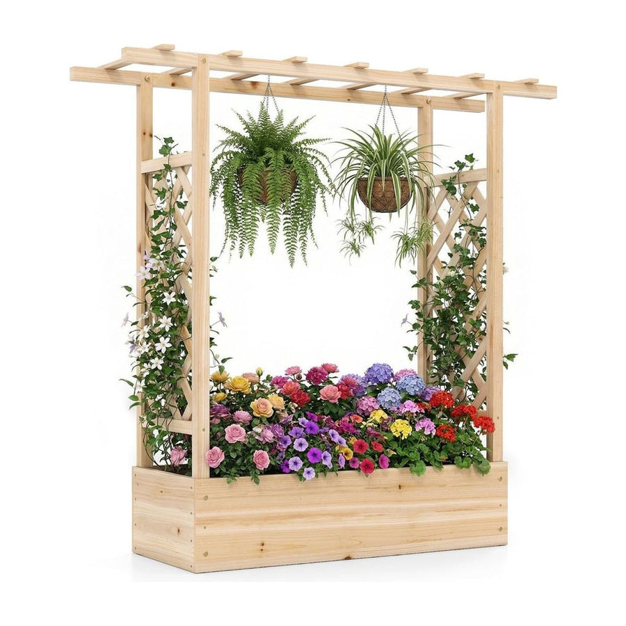 114cm Tall Wooden Raised Garden Bed with Side Trellis and Hanging Roof-Natural