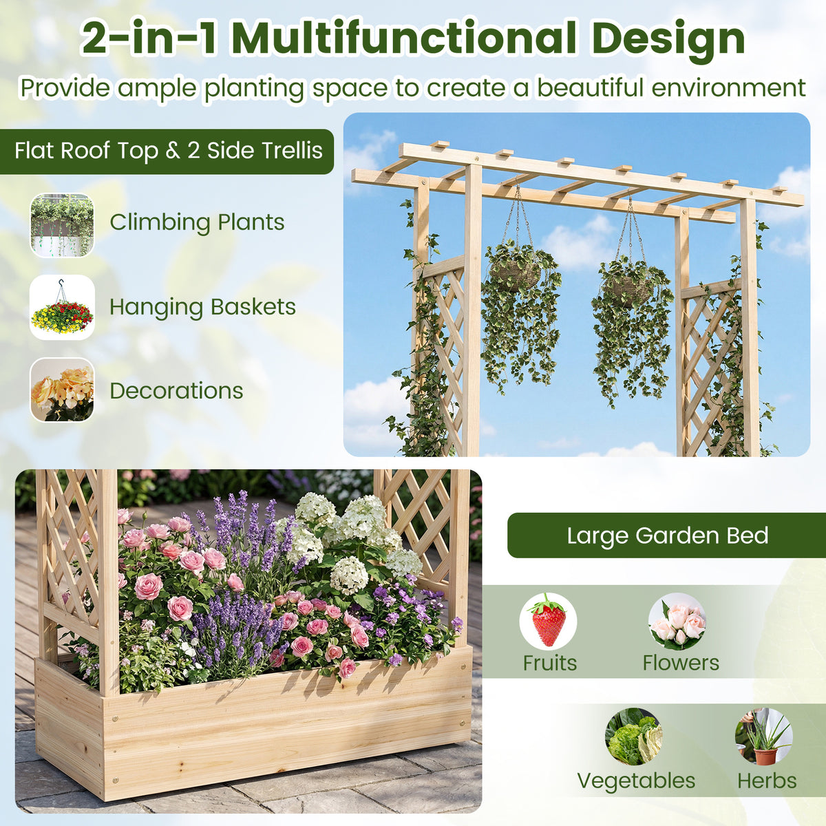 114cm Tall Wooden Raised Garden Bed with Side Trellis and Hanging Roof-Natural