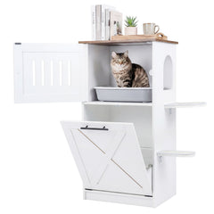 115 cm Modern Hidden Cat House Cabinet with 2 Scratching Pads and Flip-Down Storage Cabinet-White
