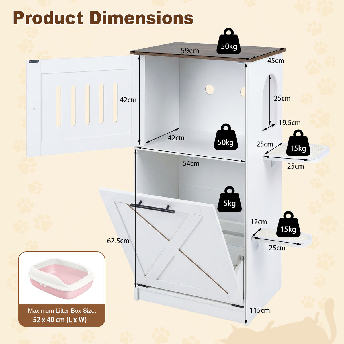 115 cm Modern Hidden Cat House Cabinet with 2 Scratching Pads and Flip-Down Storage Cabinet-White