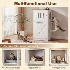 115 cm Modern Hidden Cat House Cabinet with 2 Scratching Pads and Flip-Down Storage Cabinet-White