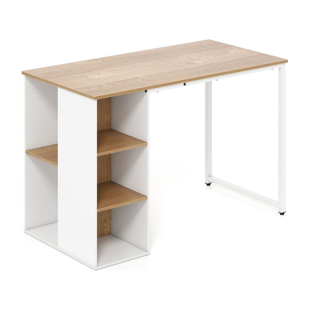 115 CM Computer Desk with 5 Storage Compartments-Natural, a modern wooden desk with white shelving unit on the left