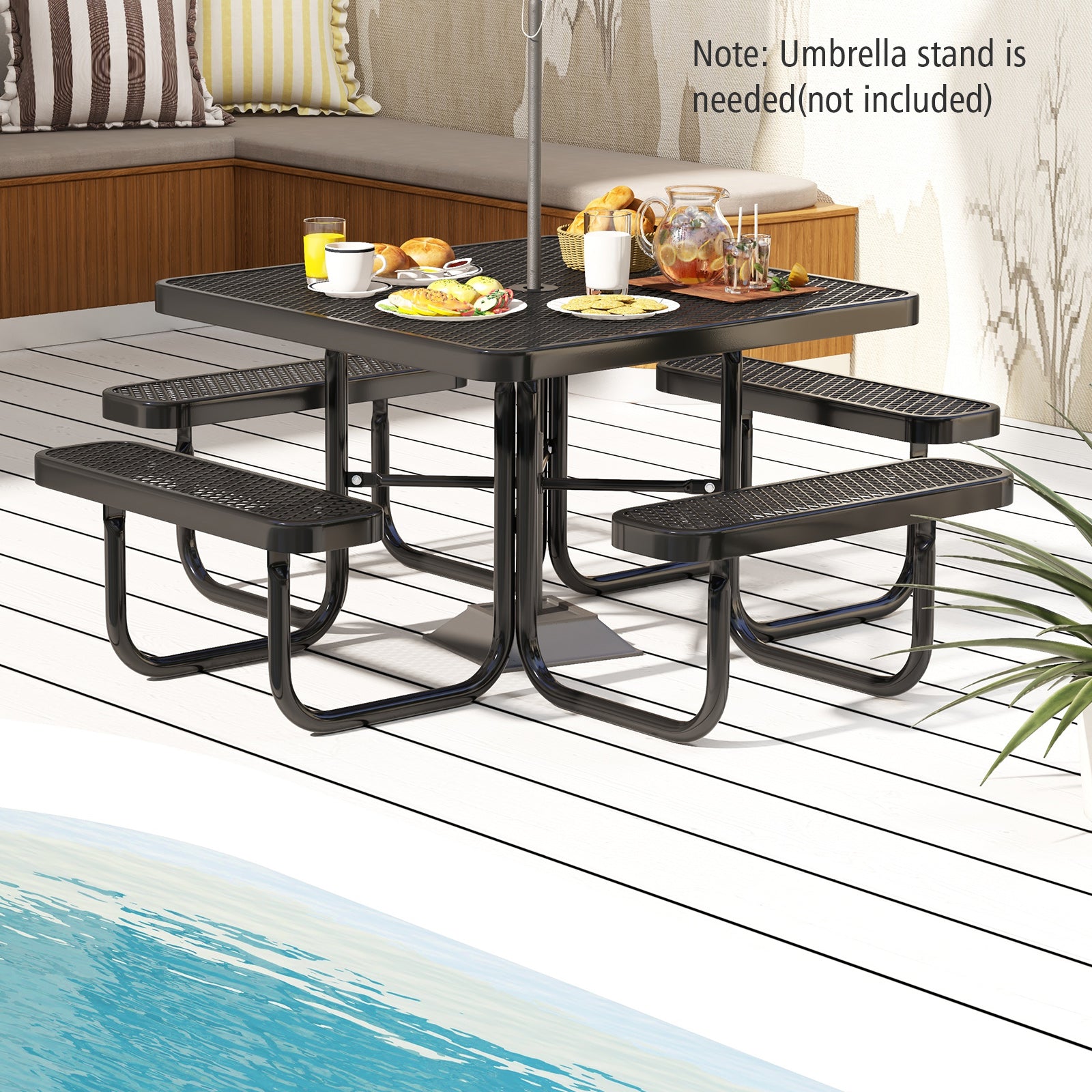 116 cm Coated Steel Square Camping Picnic Table and Bench for 8-Black