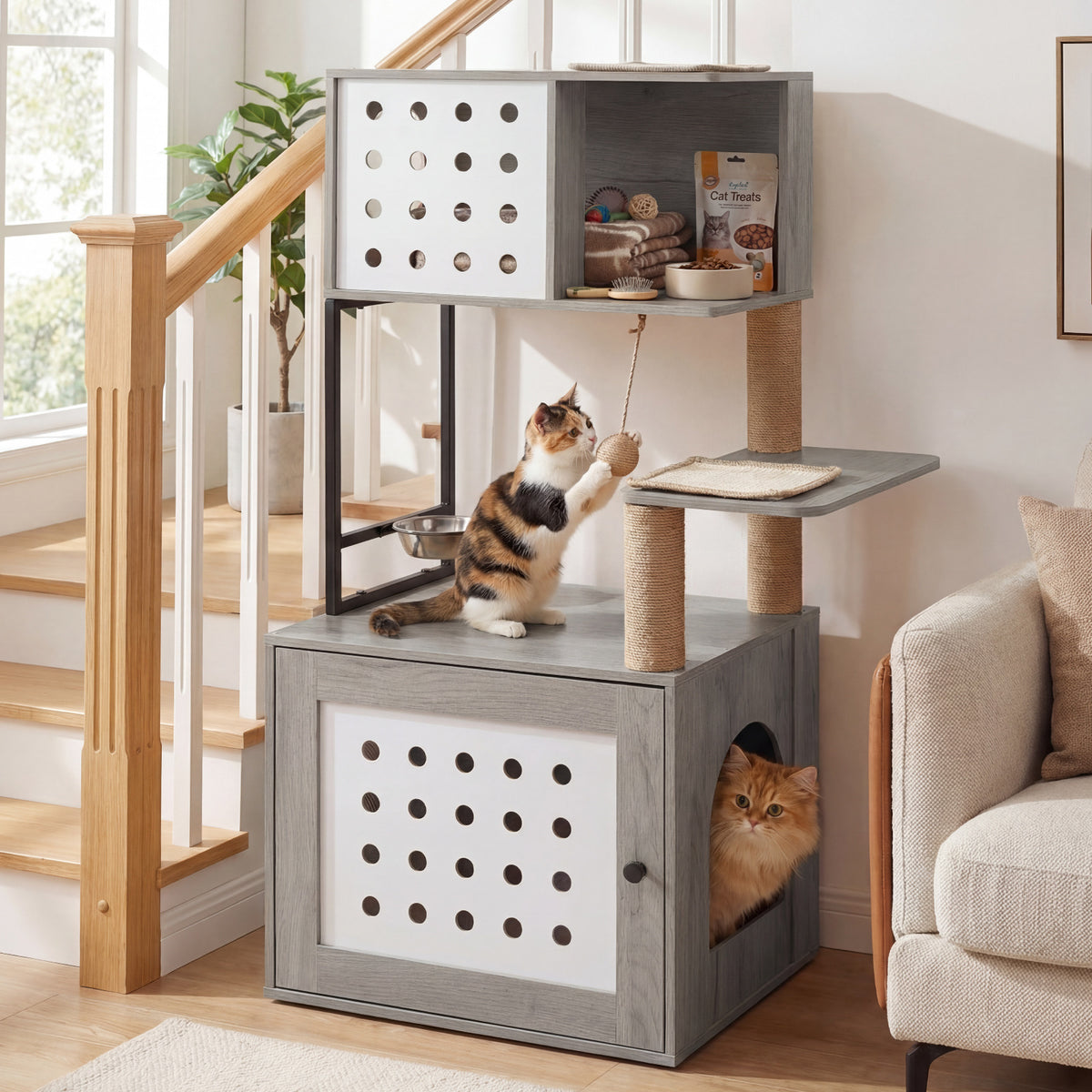 117.5 cm Modern Cat Tower Cabinet with Sisal Scratching Posts and Hanging Ball-Grey