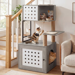 117.5 cm Modern Cat Tower Cabinet with Sisal Scratching Posts and Hanging Ball-Grey