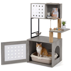 117.5 cm Modern Cat Tower Cabinet with Sisal Scratching Posts and Hanging Ball-Grey