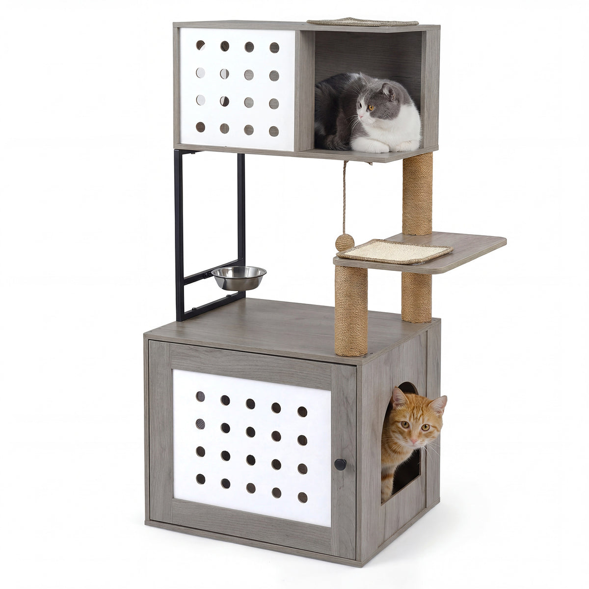 117.5 cm Modern Cat Tower Cabinet with Sisal Scratching Posts and Hanging Ball-Grey