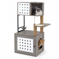 117.5 cm Modern Cat Tower Cabinet with Sisal Scratching Posts and Hanging Ball-Grey