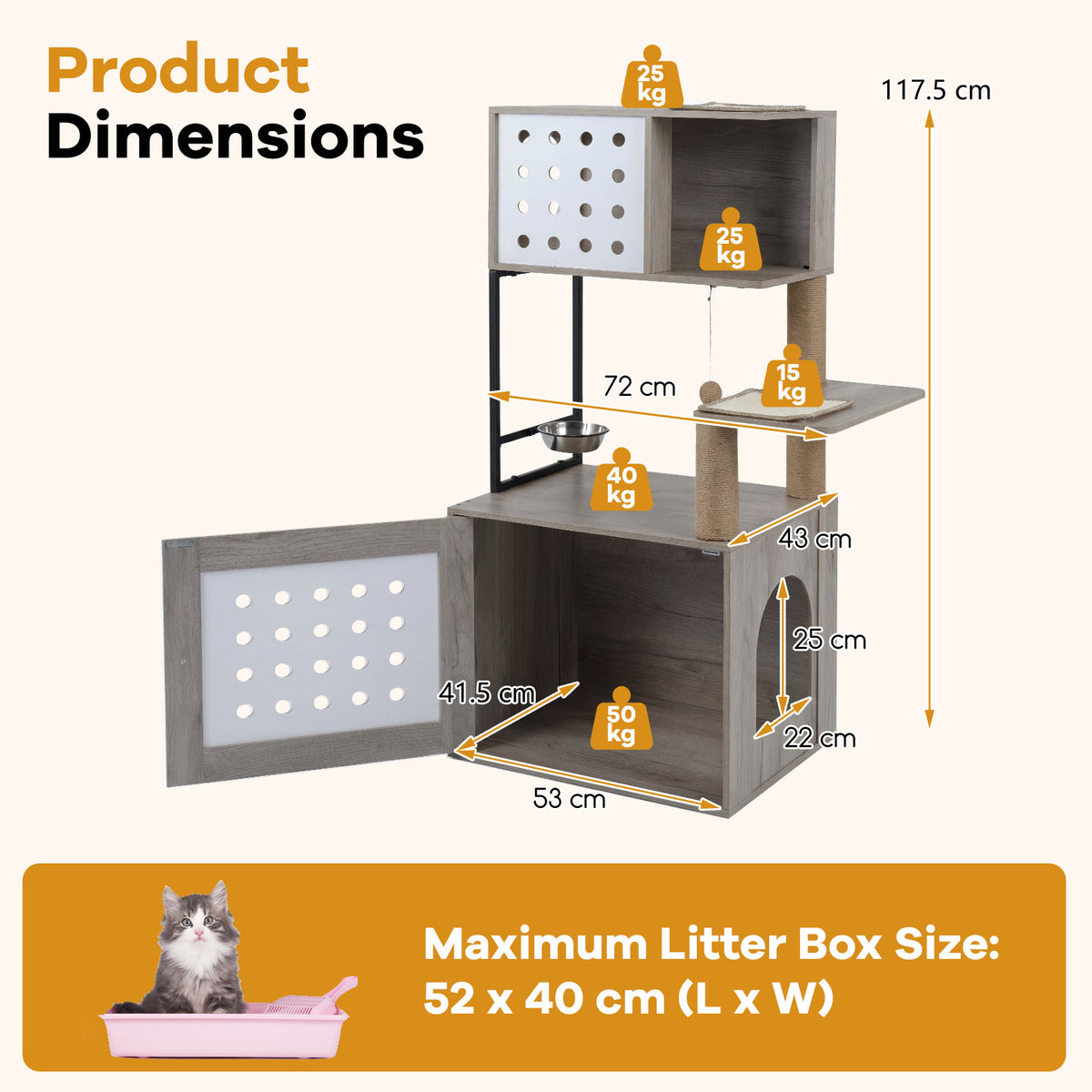 117.5 cm Modern Cat Tower Cabinet with Sisal Scratching Posts and Hanging Ball-Grey