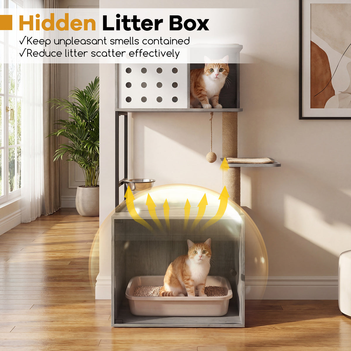 117.5 cm Modern Cat Tower Cabinet with Sisal Scratching Posts and Hanging Ball-Grey