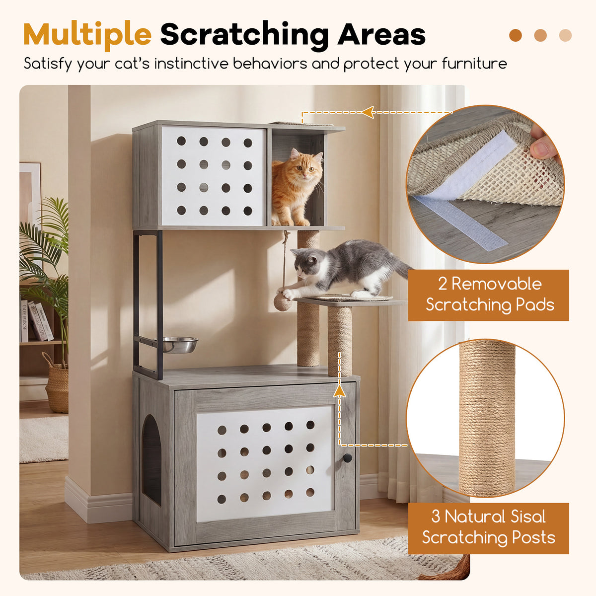 117.5 cm Modern Cat Tower Cabinet with Sisal Scratching Posts and Hanging Ball-Grey