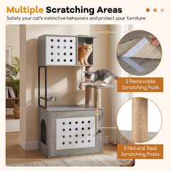 117.5 cm Modern Cat Tower Cabinet with Sisal Scratching Posts and Hanging Ball-Grey