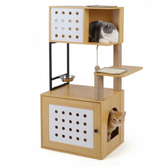 117.5 cm Modern Cat Tower Cabinet with Sisal Scratching Posts and Hanging Ball-Natrual
