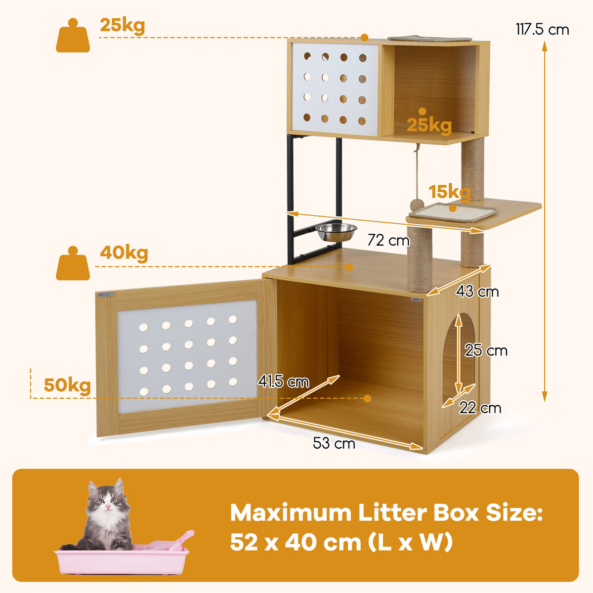 117.5 cm Modern Cat Tower Cabinet with Sisal Scratching Posts and Hanging Ball-Natrual