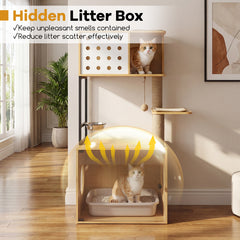 117.5 cm Modern Cat Tower Cabinet with Sisal Scratching Posts and Hanging Ball-Natrual