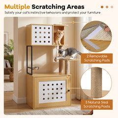 117.5 cm Modern Cat Tower Cabinet with Sisal Scratching Posts and Hanging Ball-Natrual