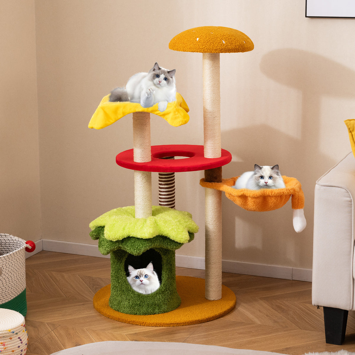 117 cm Modern Cat Tree with Sisal Posts and Plush Cushions for Indoor-Yellow