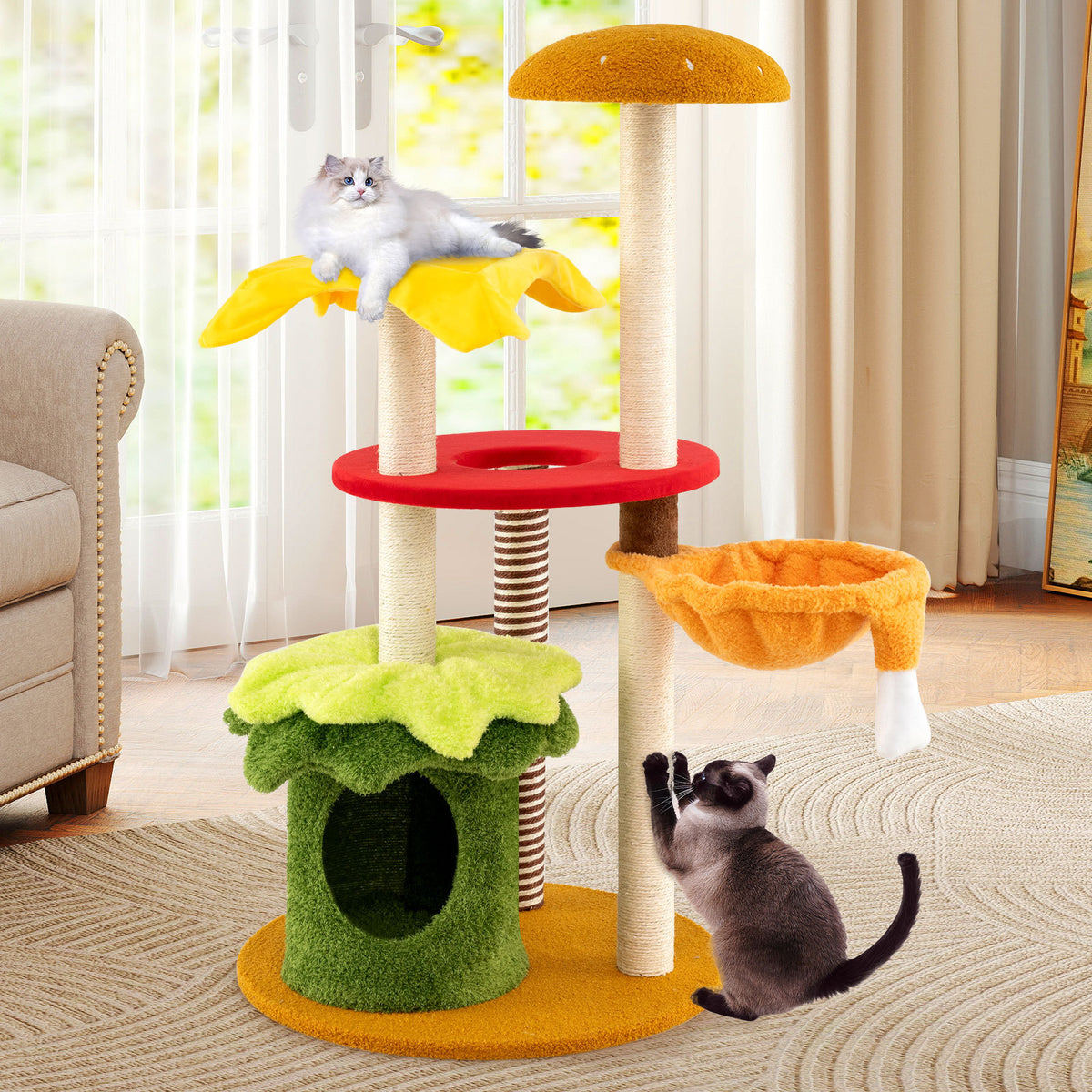 117 cm Modern Cat Tree with Sisal Posts and Plush Cushions for Indoor-Yellow