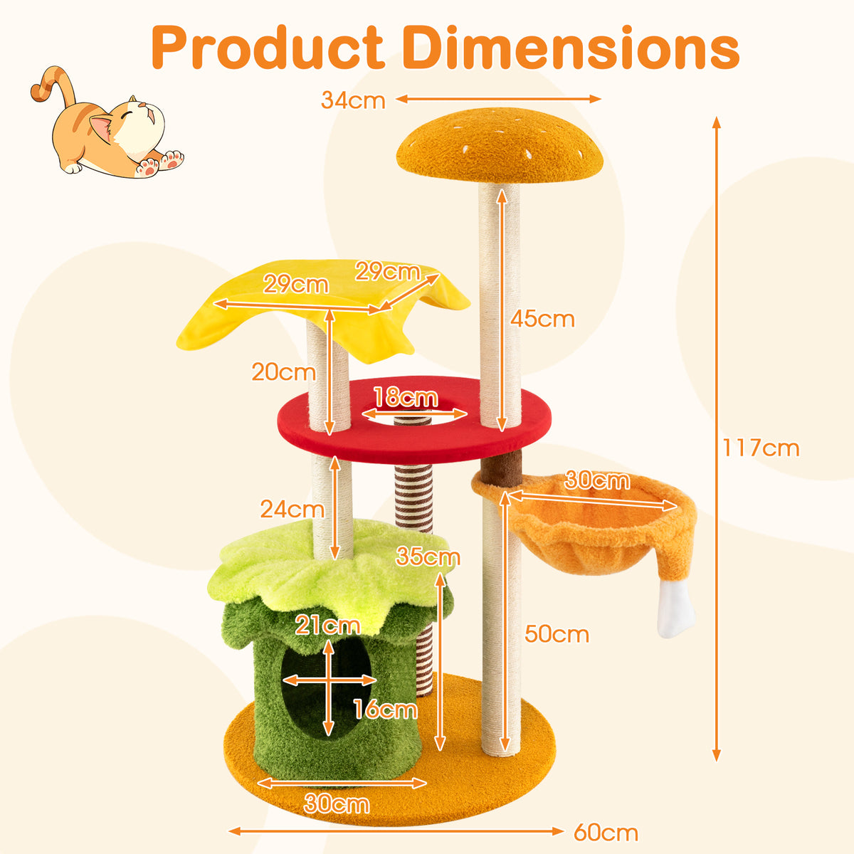 117 cm Modern Cat Tree with Sisal Posts and Plush Cushions for Indoor-Yellow