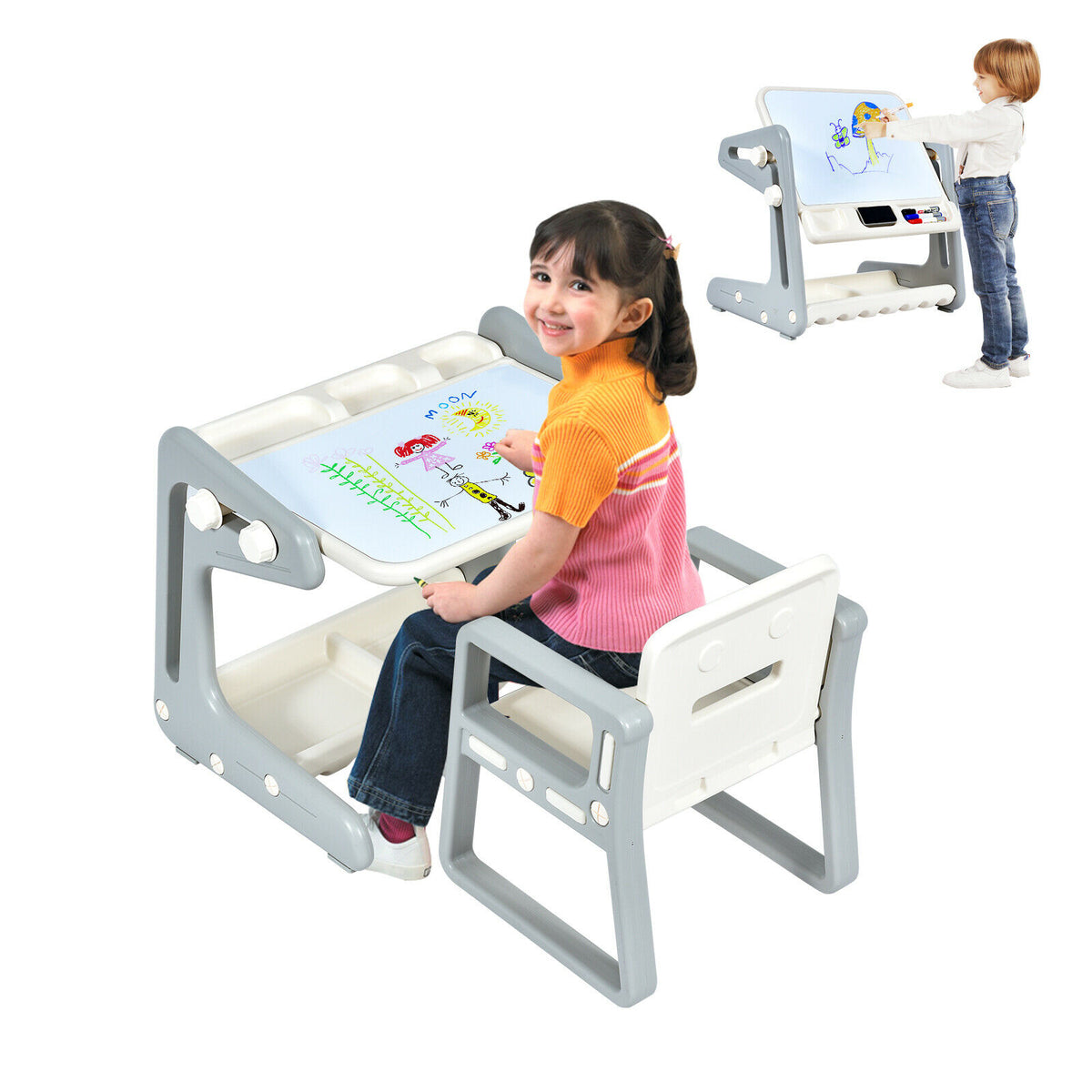 Children's Art Easel / Table and Chair Set with Ample Storage Space-Grey