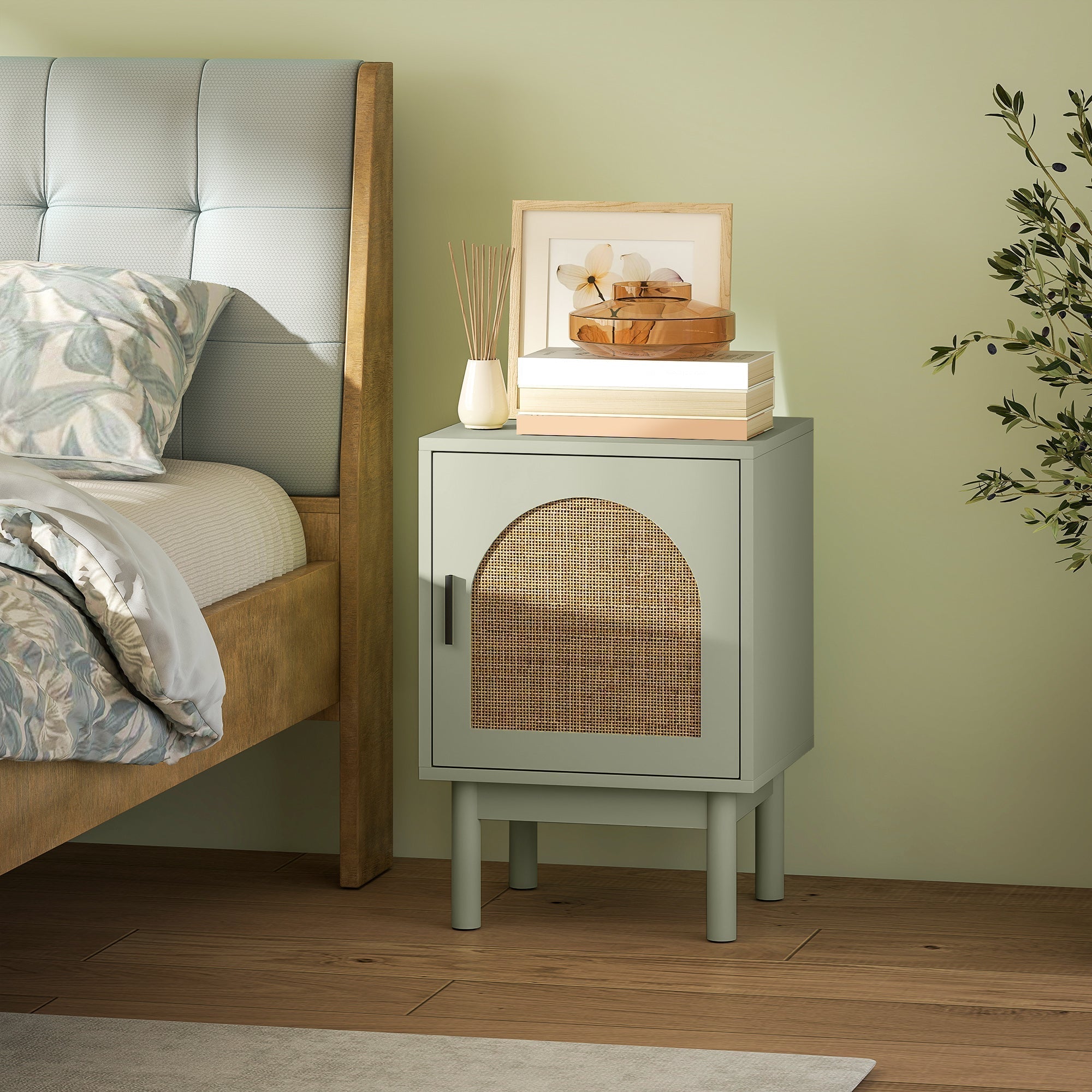 HOMCOM Rattan Bedside Table for Bedroom - Light Green