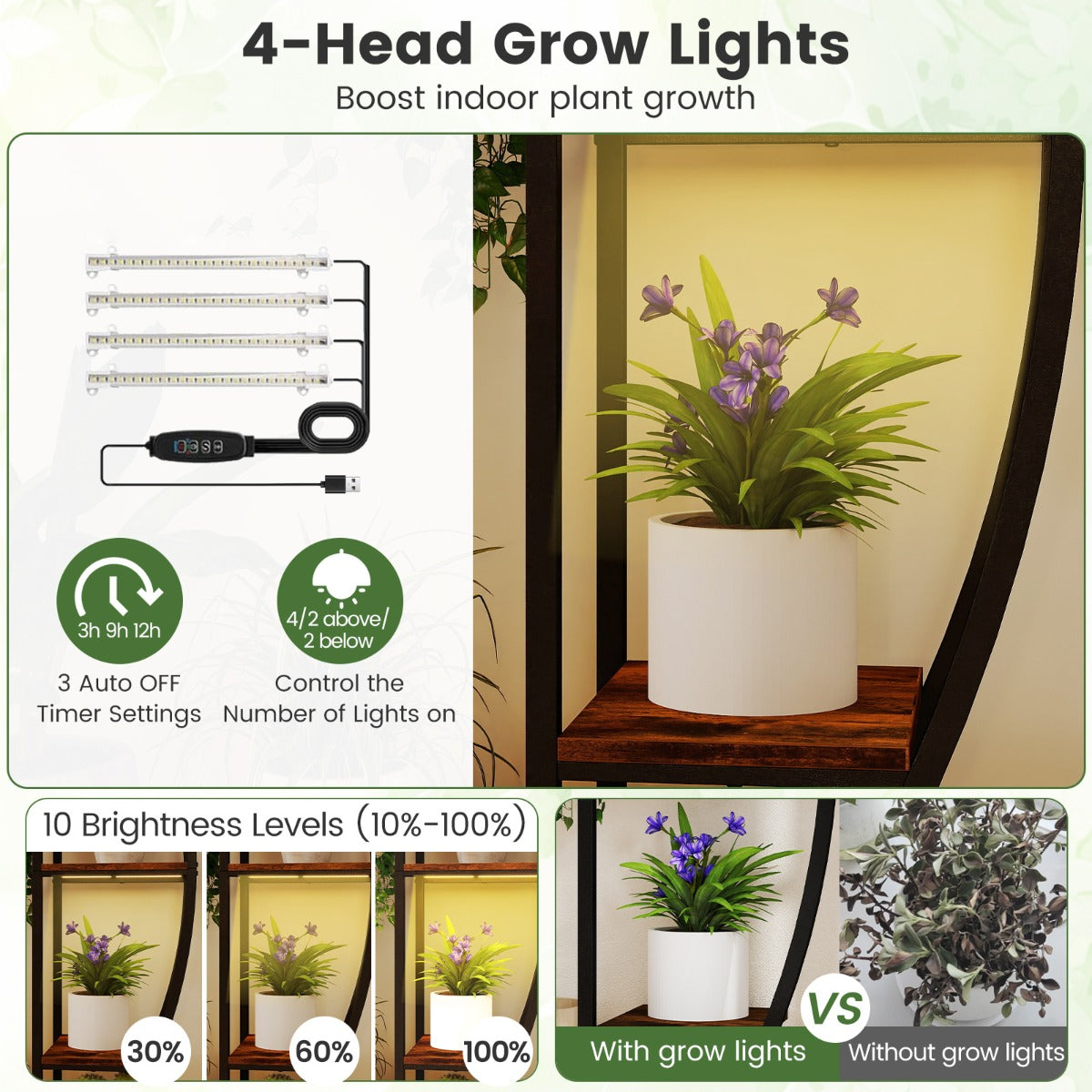 160CM Tall Indoor Plant Stand with Grow Lights-Coffee