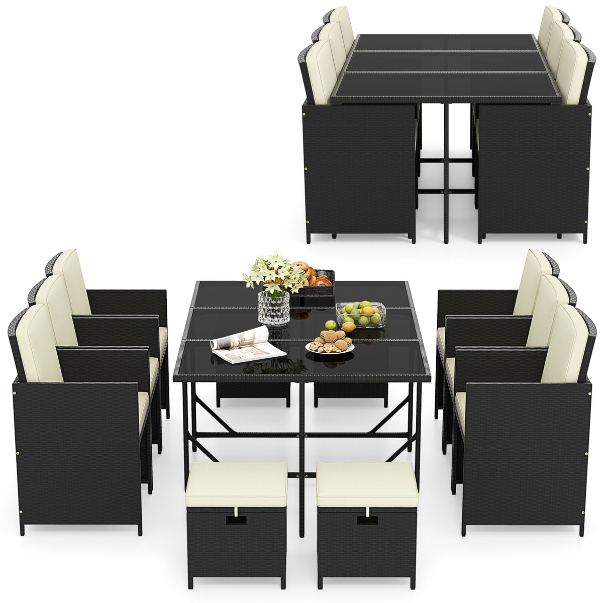 11 Pieces Patio Dining Set with Ottomans for Garden Yard Poolside-White