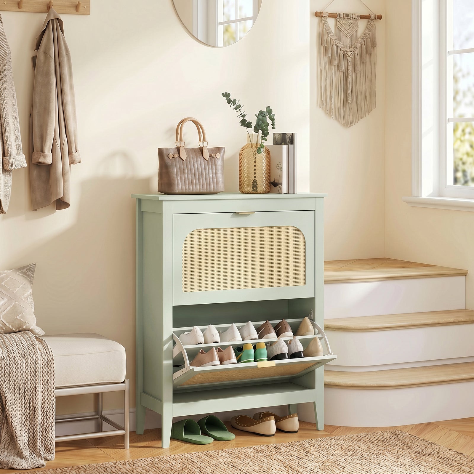 HOMCOM Narrow Shoe Cabinet, Boho Slim Shoe Storage Cabinet with 2 Flip Drawers, Holds 14 Pairs, Light Green
