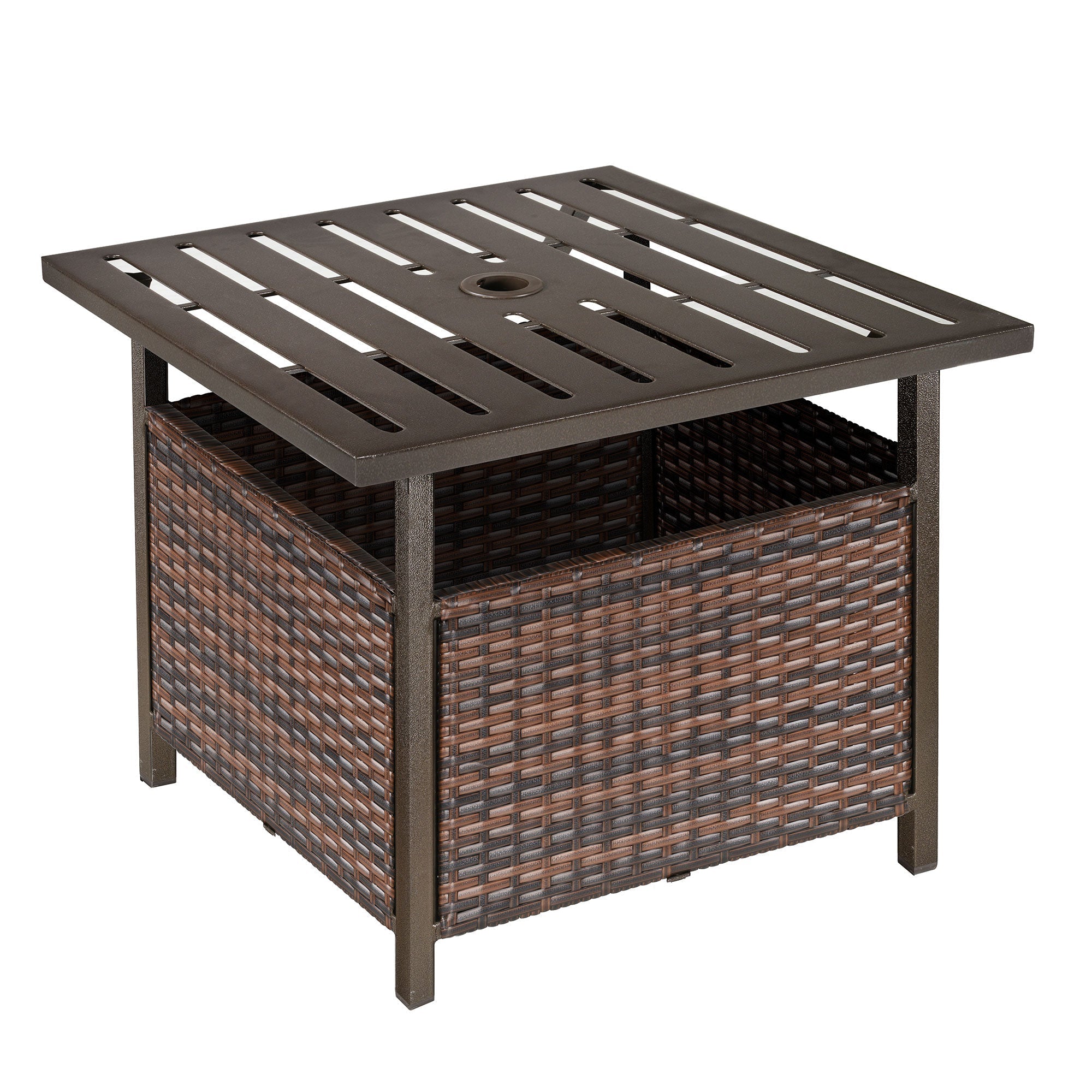 Outsunny Rattan Garden Coffee Table, 55.5 cm Square Wicker Patio Side Coffee Table with 4 cm Umbrella Hole, Metal Bottom and Slatted Top for Outdoor, Balcony, Brown