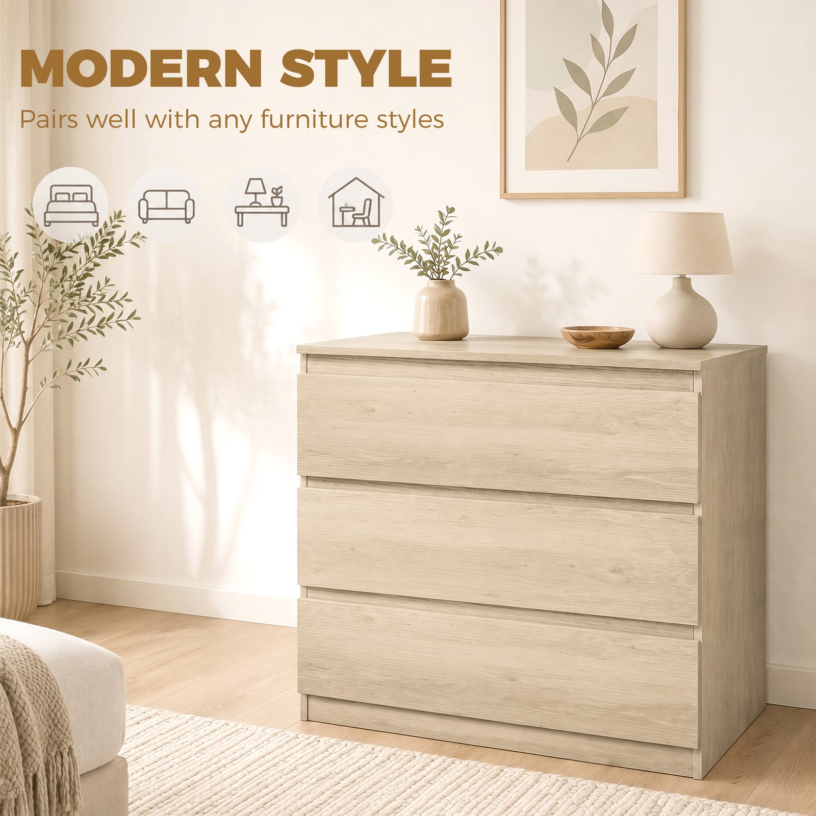 HOMCOM 3-Drawer Storage Organiser Unit, Chest of Drawers for Bedroom, Living Room, 80 x 39 x 73cm, Oak