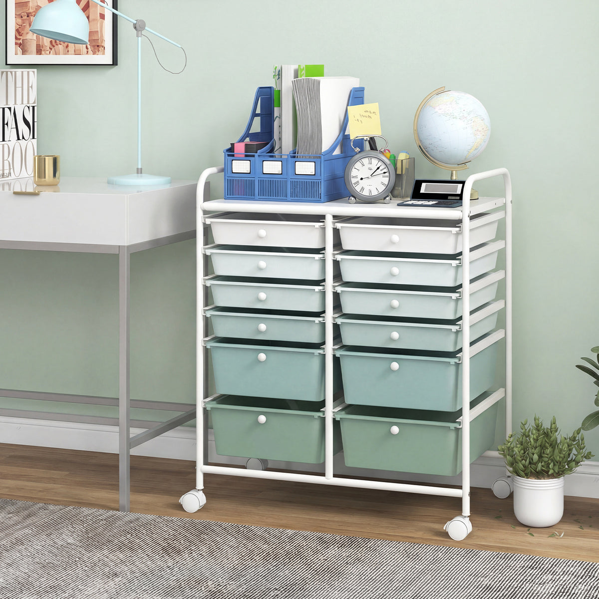12 Drawers Rolling Storage Cart with 4 Wheels and Brakes-Green