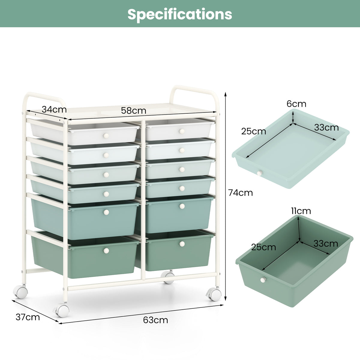 12 Drawers Rolling Storage Cart with 4 Wheels and Brakes-Green