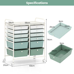 12 Drawers Rolling Storage Cart with 4 Wheels and Brakes-Green