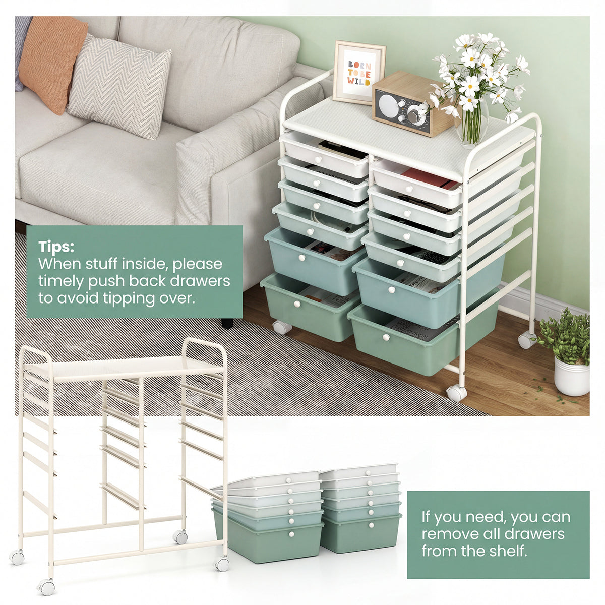 12 Drawers Rolling Storage Cart with 4 Wheels and Brakes-Green